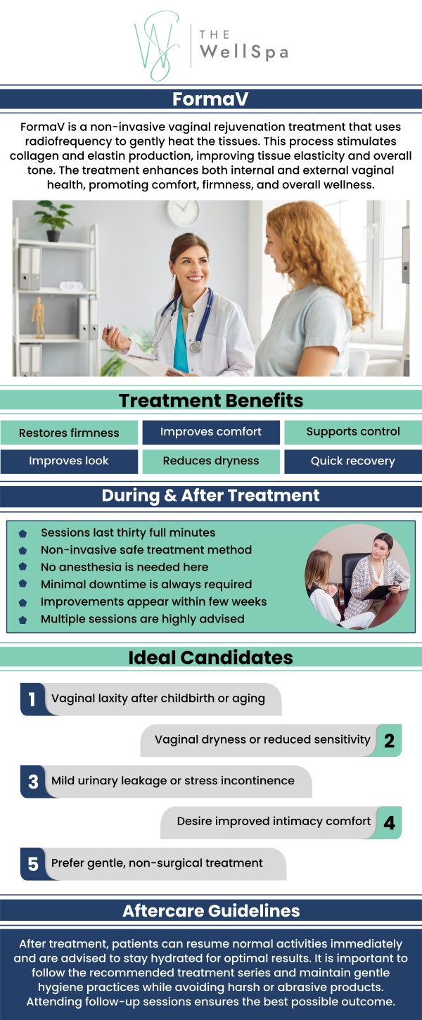 Common questions asked by clients: What is FormaV and how does it work? What are the benefits of a FormaV treatment? How long do FormaV results last? FormaV is a non-surgical vaginal rejuvenation treatment that uses radiofrequency energy to gently heat tissue, stimulate collagen production, and improve blood flow, reducing dryness and discomfort in women. At The WellSpa, our specialists offer FormaV treatment. For more information, contact us or book an appointment online. We are located at 999 S Orlando Avenue Winter Park, FL 32789. We serve clients from Orlando FL, Winter Park FL, Maitland FL, Baldwin Park FL, Altamonte Springs FL, and surrounding areas. Common questions asked by clients: What is FormaV and how does it work? What are the benefits of a FormaV treatment? How long do FormaV results last? FormaV is a non-surgical vaginal rejuvenation treatment that uses radiofrequency energy to gently heat tissue, stimulate collagen production, and improve blood flow, reducing dryness and discomfort in women. At The WellSpa, our specialists offer FormaV treatment. For more information, contact us or book an appointment online. We are located at 999 S Orlando Avenue Winter Park, FL 32789. We serve clients from Orlando FL, Winter Park FL, Maitland FL, Baldwin Park FL, Altamonte Springs FL, and surrounding areas.