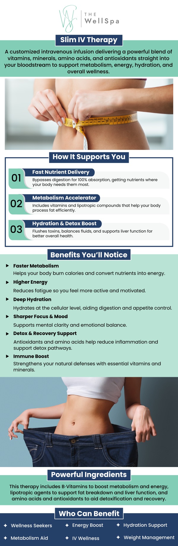 At The WellSpa, Kelli Marchewka, PA-C, leads our Slim Me IV Therapy services with a focus on results and individualized care. This targeted IV treatment is designed to naturally support fat metabolism, increase energy, and improve focus. Whether you're kickstarting a wellness journey or enhancing your active lifestyle, Slim Me helps fuel your body more efficiently. Our clients trust our team for safe, effective IV therapies tailored to their needs. Our clinic provides a relaxing, professional setting where your health and goals come first. For more information, contact us or book an appointment online. We are located at 999 S Orlando Avenue Winter Park, FL 32789. At The WellSpa, Kelli Marchewka, PA-C, leads our Slim Me IV Therapy services with a focus on results and individualized care. This targeted IV treatment is designed to naturally support fat metabolism, increase energy, and improve focus. Whether you're kickstarting a wellness journey or enhancing your active lifestyle, Slim Me helps fuel your body more efficiently. Our clients trust our team for safe, effective IV therapies tailored to their needs. Our clinic provides a relaxing, professional setting where your health and goals come first. For more information, contact us or book an appointment online. We are located at 999 S Orlando Avenue Winter Park, FL 32789.